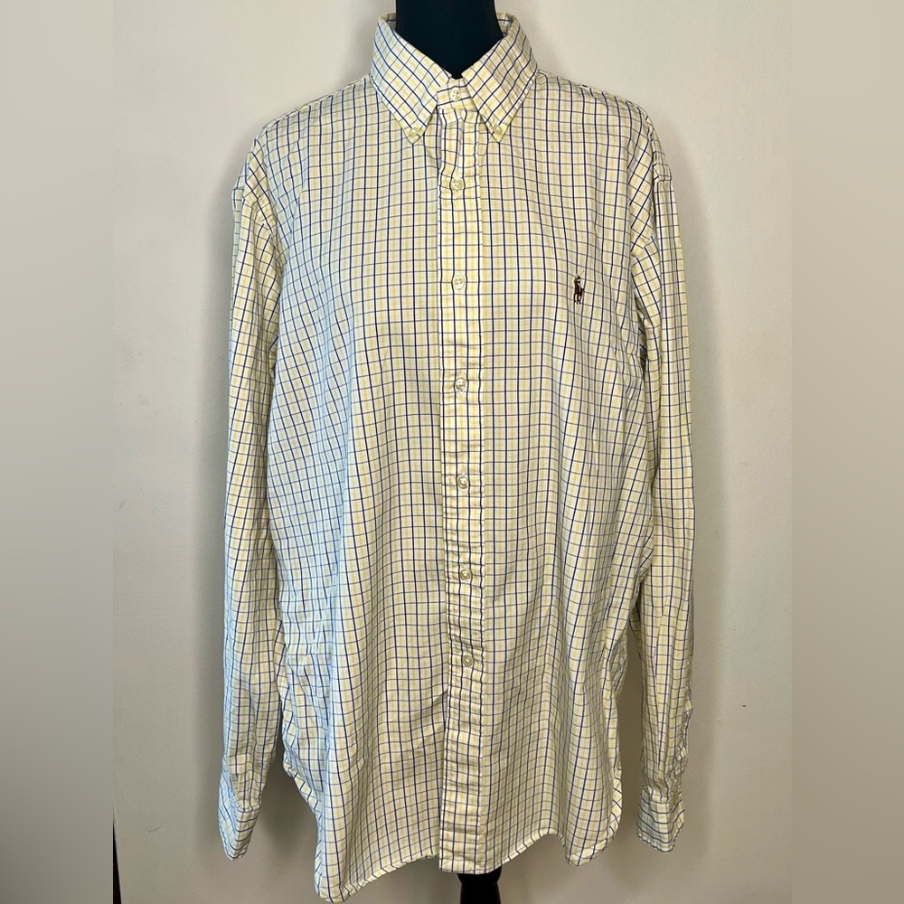 Men’s Ralph Lauren button down long sleeve shirt. Yellow and blue. Med/large